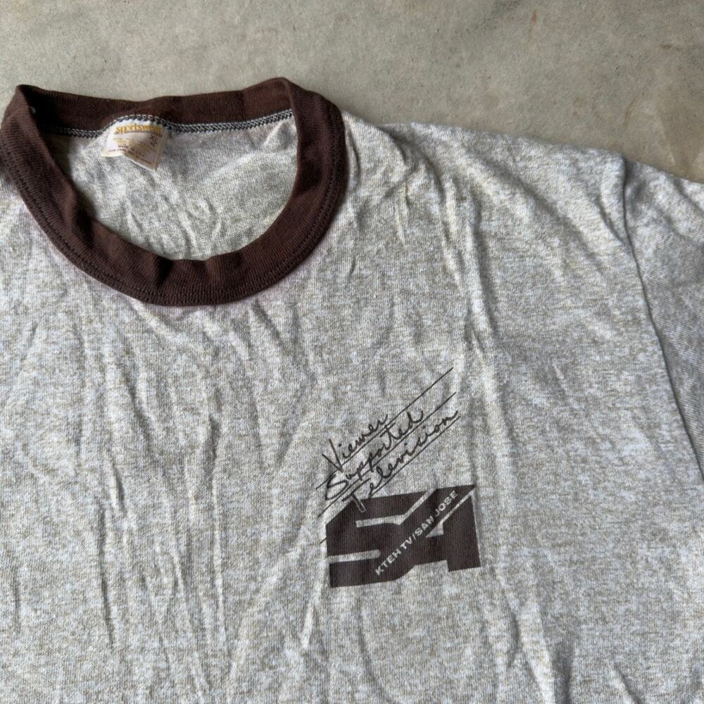 VINTAGE 70S BROWN RINGER T-SHIRT GOLD TAG SAN JOSE CALIFORNIA SPORTWEAR MENS XL